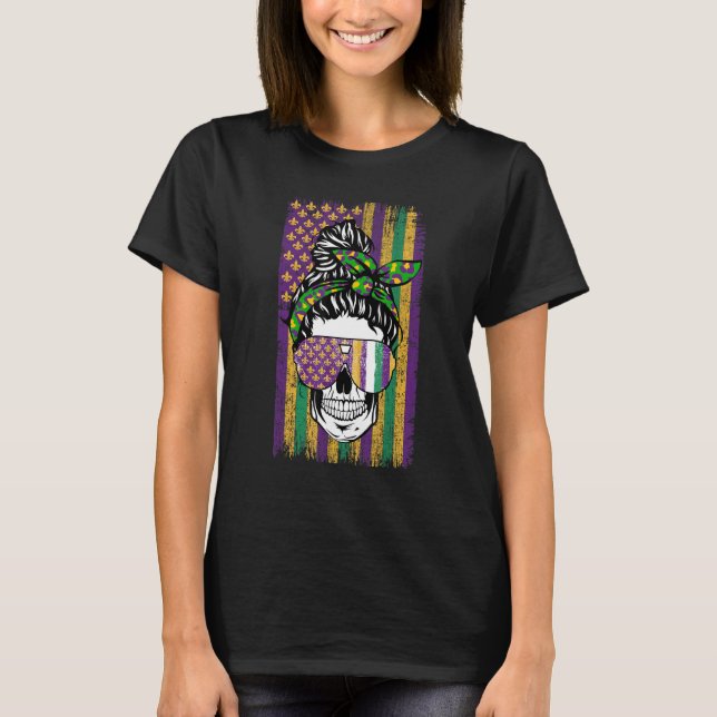 Camiseta Mardi Gras Flag Bond Head Skull Party Gir (Frente)