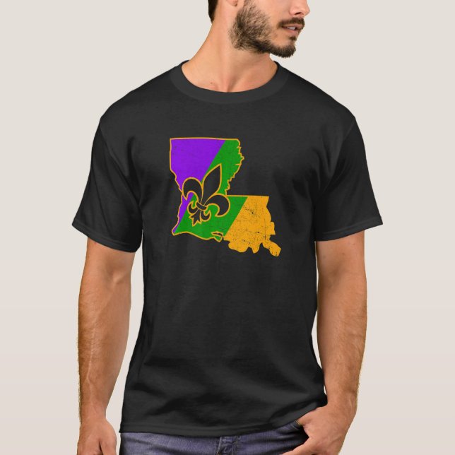 Camiseta Mardi Gras Fleur De Lis Louisiana Mapa Nova Orlean (Frente)