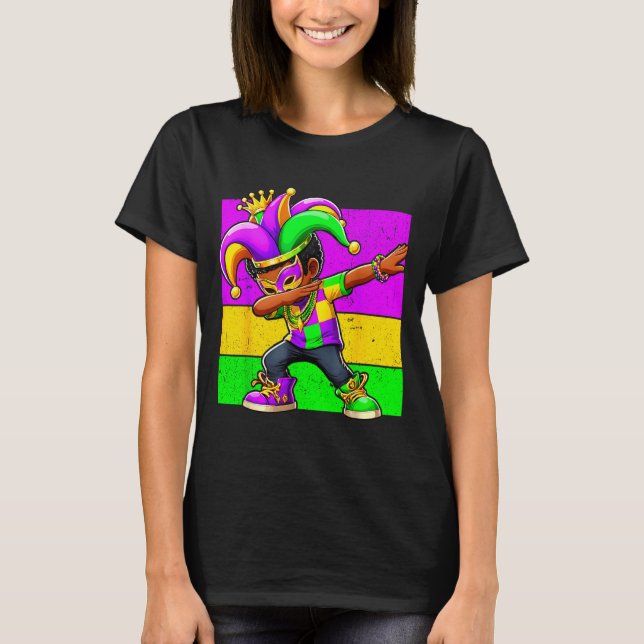 Camiseta Mardi Gras Funny Dabbing Black Boy Jester Hat Kid  (Frente)