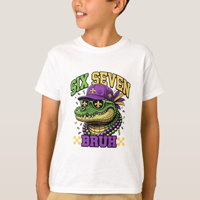 Camiseta Mardi Gras Gator Six Seven Bruh Kids Carnival (Frente)