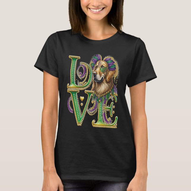 Camiseta Mardi Gras Golden Retriever Word LOVE Masquerade (Frente)