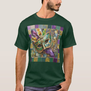 Camiseta Mardi Gras Green e Dourada Máscara de Penas Colori