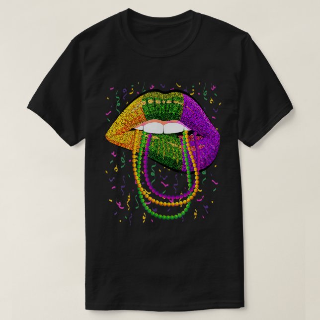 Camiseta Mardi Gras Lábios roupa de Miçanga Rainha para mul (Frente do Design)
