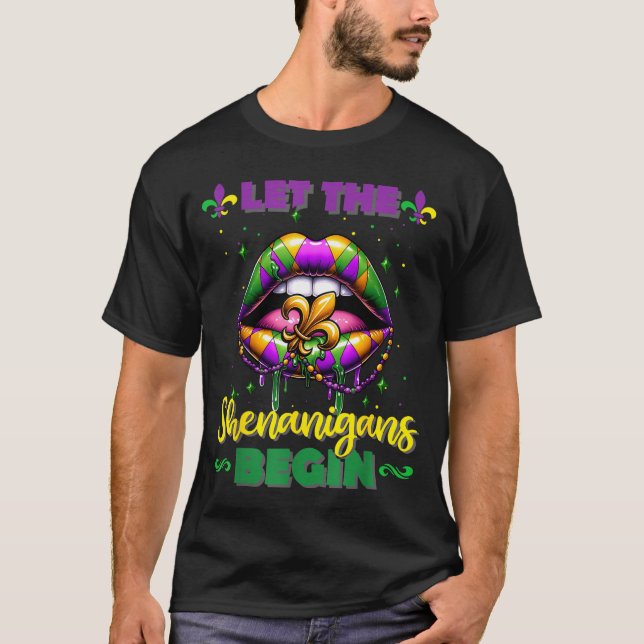 Camiseta Mardi Gras Let The Shenanigans Begin Lips Kids Men (Frente)