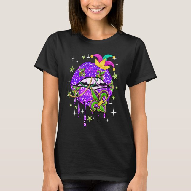 Camiseta Mardi Gras Lips Queen Carnival Costume Purple & Go (Frente)