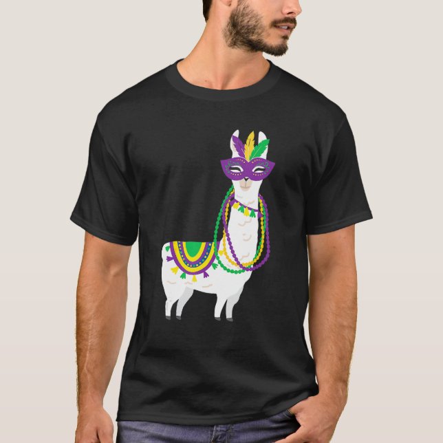 Camiseta Mardi Gras Llama Bonita Com Miçangas Mascaradas Mu (Frente)