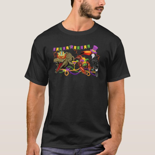Camiseta Mardi Gras Louisiana Crawfish Crocodilo Pelican (Frente)