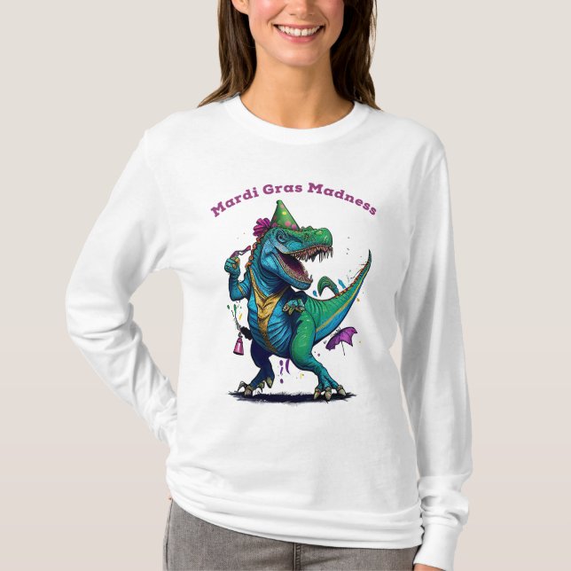 Camiseta Mardi Gras Madness T Rex Dinossaur Bead Mardi Graw (Frente)
