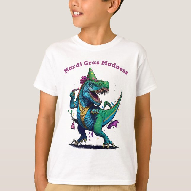 Camiseta Mardi Gras Madness T Rex Dinossaur Bead Mardi Graw (Frente)