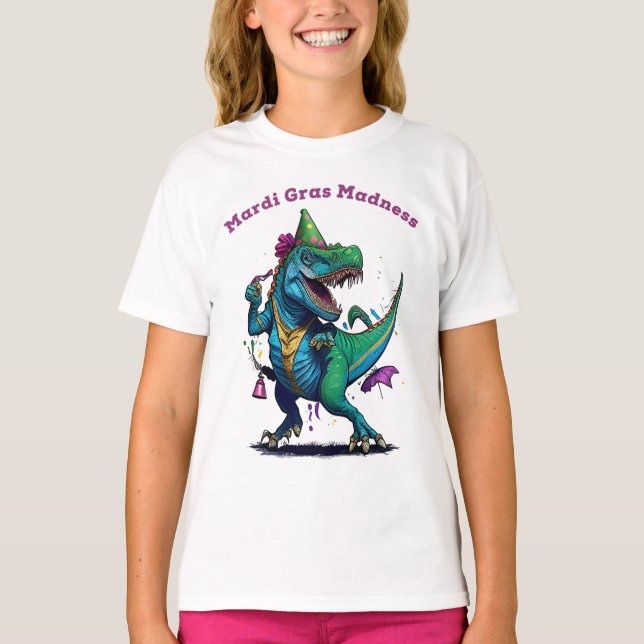 Camiseta Mardi Gras Madness T Rex Dinossaur Bead Mardi Graw (Frente)