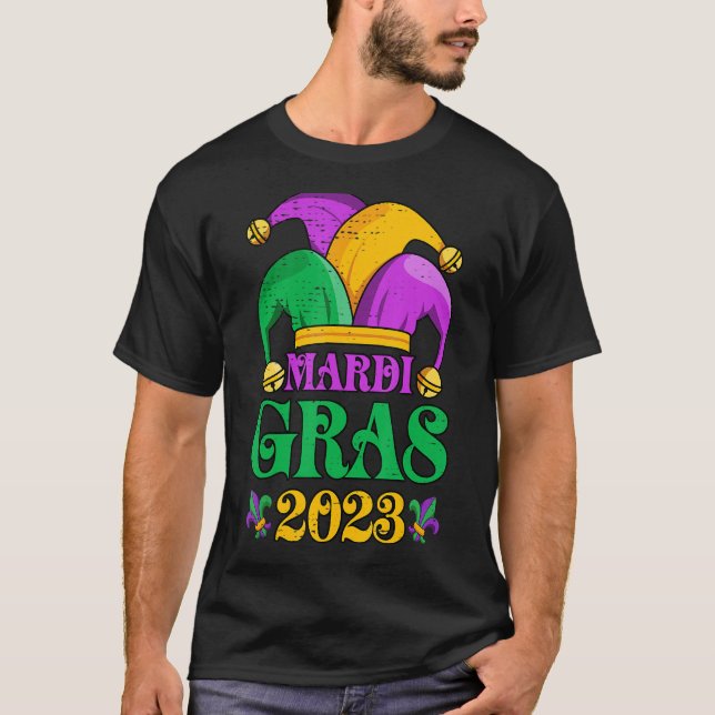 Camiseta Mardi Gras Mardi Gras 2023 Miçangas Penas 1 (Frente)