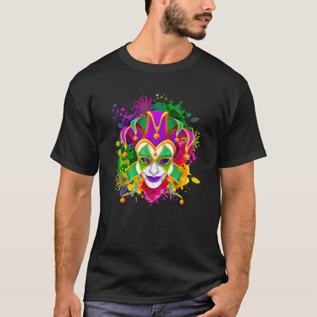 Camiseta Mardi Gras Máscara Com Coloração Largada Para Trás (Frente)