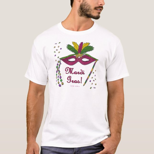 Camiseta Mardi Gras Mask Feather Miçanga (Frente)