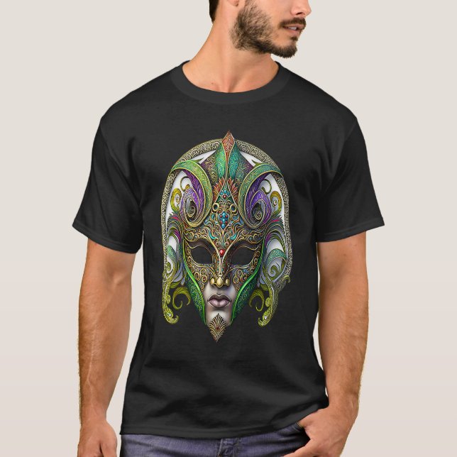 Camiseta Mardi Gras Mask Green Purple & Gold  3 (Frente)