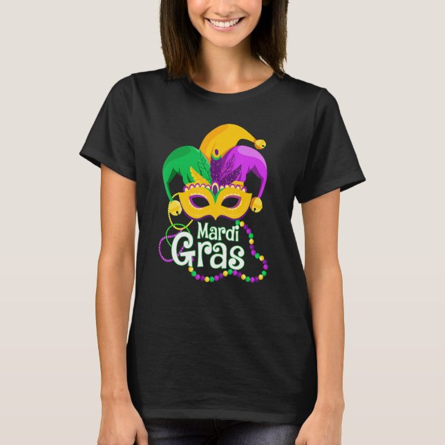 Camiseta Mardi Gras Mask Miçanga Mardi Gras Carnaval Festiv (Frente)