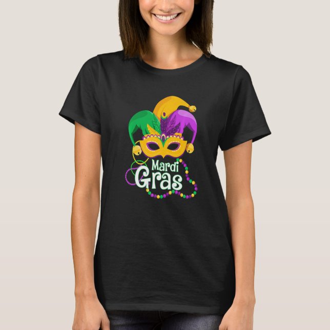 Camiseta Mardi Gras Mask Miçanga Mardi Gras Carnaval Festiv (Frente)