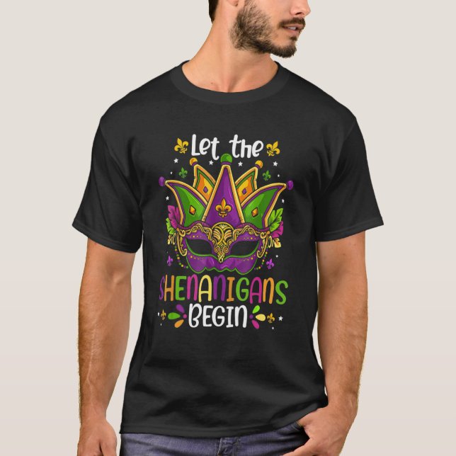 Camiseta Mardi Gras Mask Party Let The Shenanigans Begin Ca (Frente)