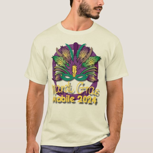 Camiseta Mardi Gras Mask T-shirt 2024 - Mobile, AL (branco) (Frente)