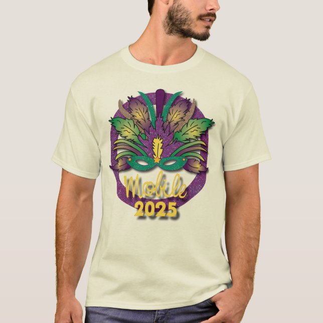 Camiseta Mardi Gras Mask T-shirt 2025 - Mobile, AL (branco) (Frente)