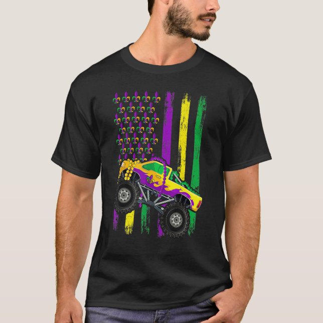 Camiseta Mardi Gras Monster Truck Beads Flag Shirt, Kids Bo (Frente)