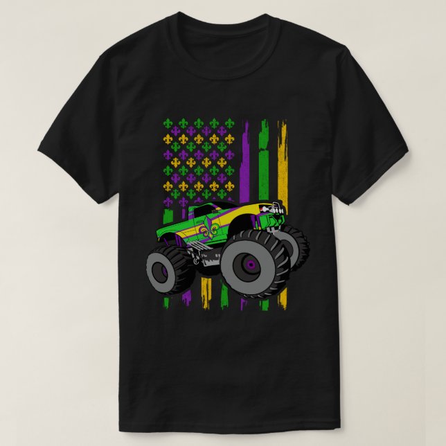 Camiseta Mardi Gras Monster Truck EUA Flag (Frente do Design)