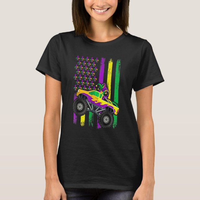 Camiseta Mardi Gras Monster Truck Jester Beads Flag Shirt,  (Frente)