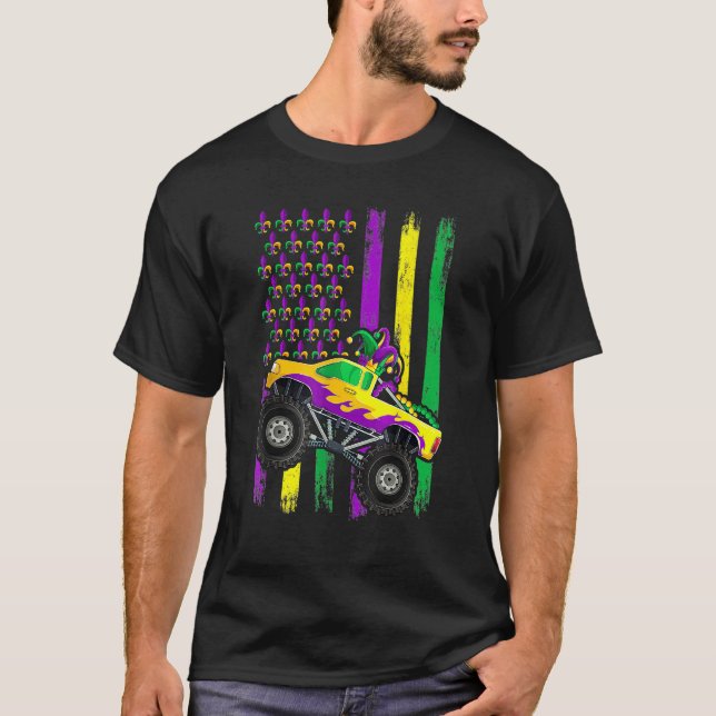 Camiseta Mardi Gras Monster Truck Jester Beads Flag Shirt,  (Frente)