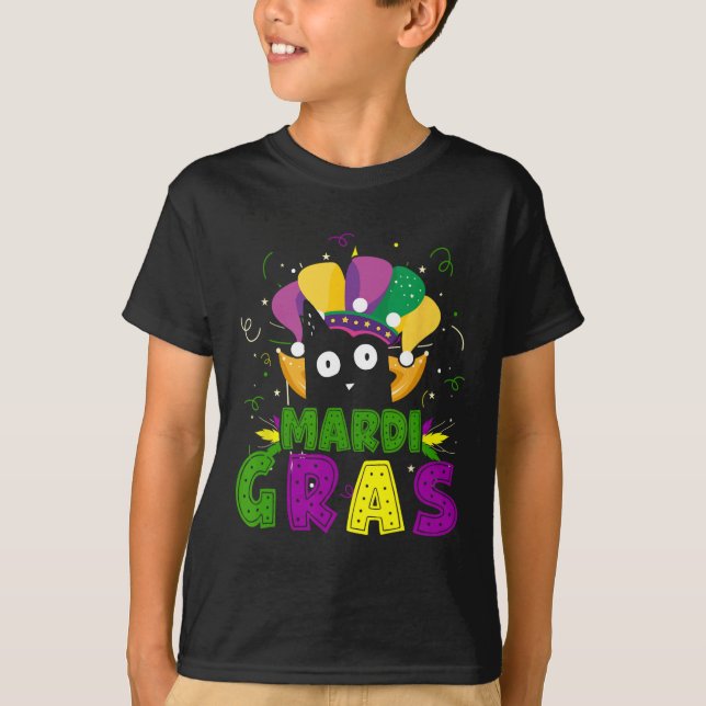 Camiseta Mardi Gras Negro Engraçado Gato Vestindo Palhaço C (Frente)