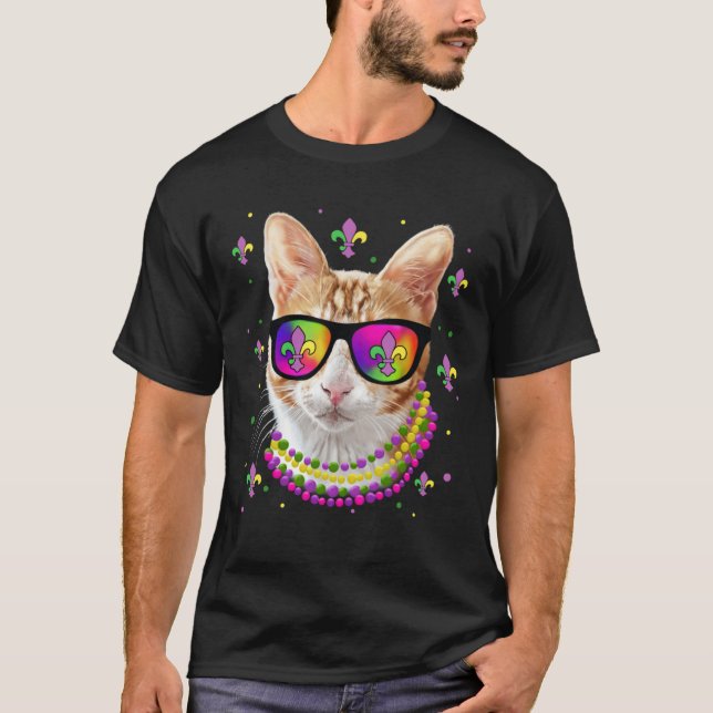 Camiseta Mardi Gras New Orleans Cat Mask Com Óculos De Sol (Frente)