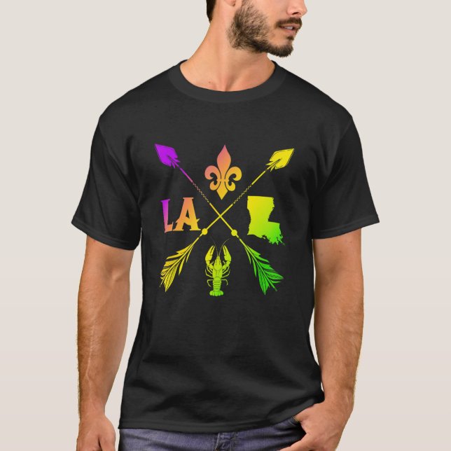 Camiseta Mardi Gras New Orleans Louisiana Map Crawfish Fleu (Frente)