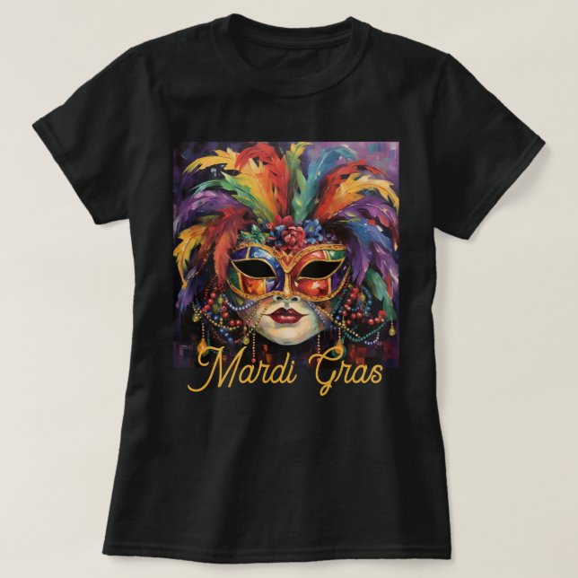 Camiseta Mardi Gras Party Bonito T-shirt Mask Miçanga (Frente do Design)