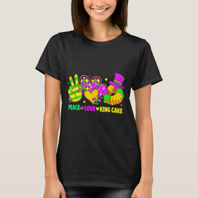 Camiseta Mardi Gras Peace Love King Cake Funny Party Carniv (Frente)