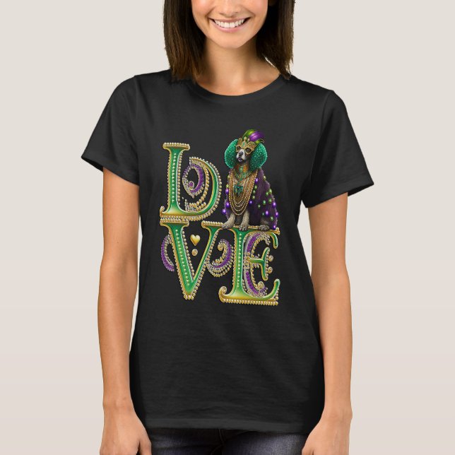 Camiseta Mardi Gras Poodle Word LOVE Masquerade (Frente)