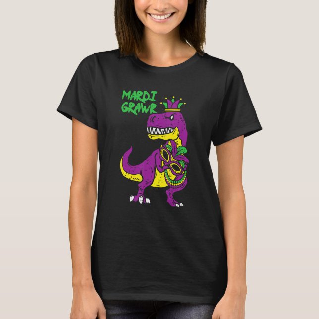 Camiseta Mardi Gras Rex Dinossaur Mardi Gras Bead (Frente)