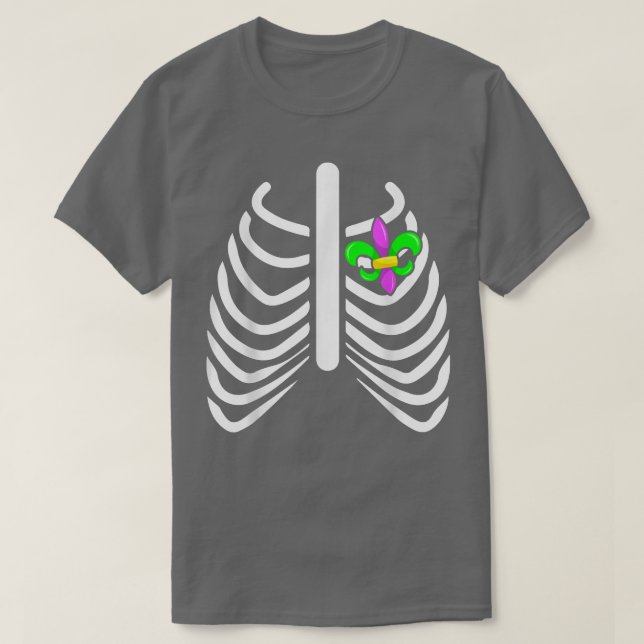 Camiseta Mardi Gras Rib Heart Skeleton Rib Carnival Masquer (Frente do Design)