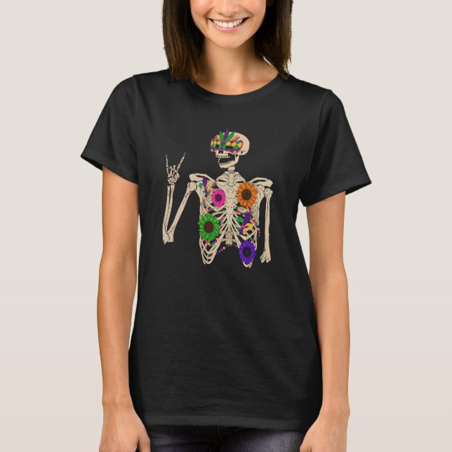 Camiseta Mardi Gras Rocker On Rock Skeleton Hands sign Carn (Frente)