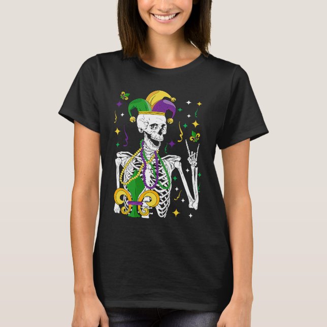 Camiseta Mardi Gras Rocker Skeleton Rock Fleur De Lis Men B (Frente)