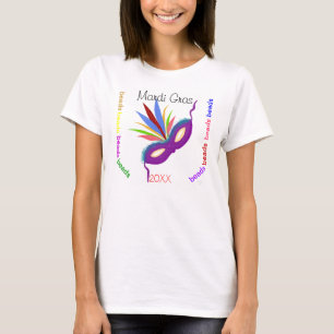 Camiseta Mardi Gras Roxo Máscara Colorida Miçangas Diversão