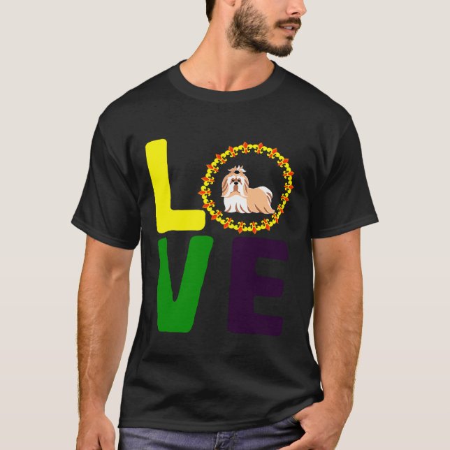 Camiseta Mardi Gras Shih Tzu Cachorro Mãe Pai Ama Fleur De  (Frente)