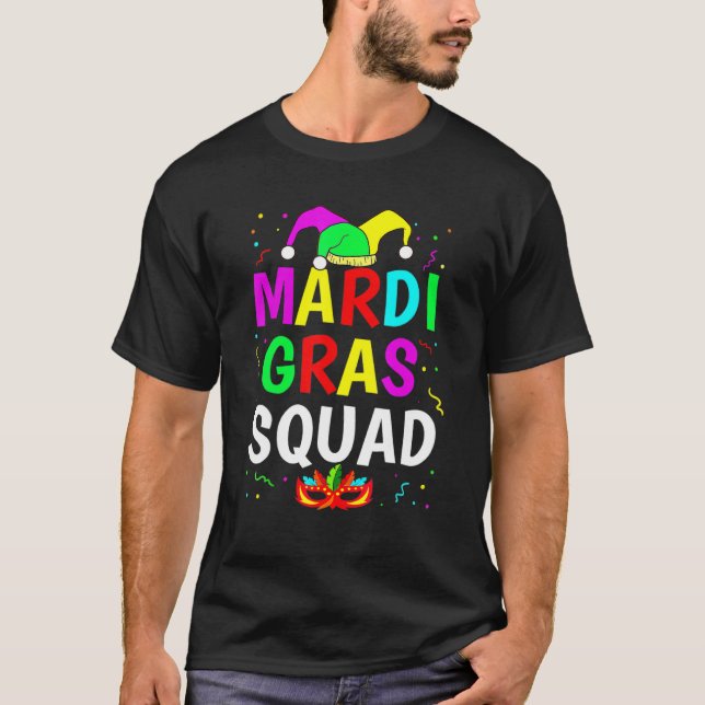 Camiseta Mardi Gras Squad Men Women Funny Mask Festival Par (Frente)