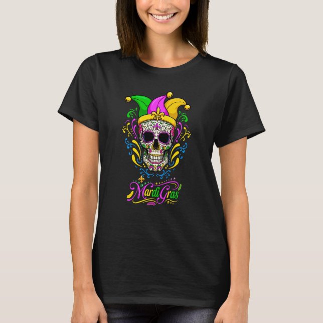 Camiseta Mardi Gras Sugar Skull Fleur De Lis Jesters Hat Pa (Frente)