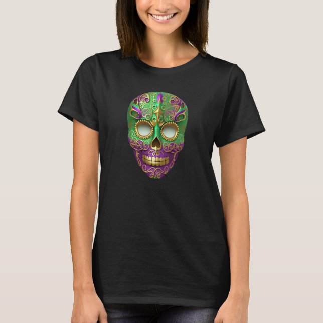 Camiseta Mardi Gras Sugar Skull Green Purple & Gold (Frente)