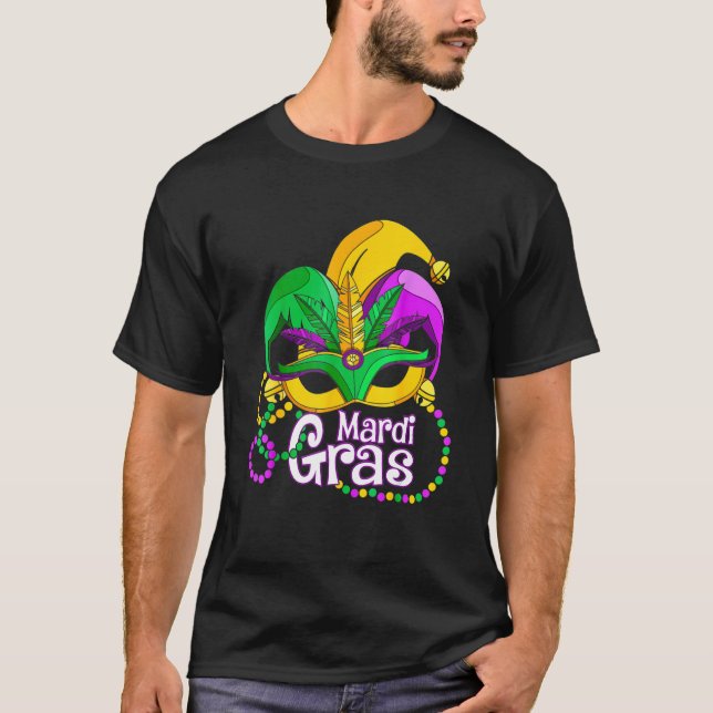 Camiseta Mardi Gras T Shirt Mardi Gras Beads Mask Feathers  (Frente)