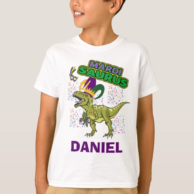 Camiseta Mardi Gras Tyrannosaurus COM NOMES PERSONALIZADOS (Frente)