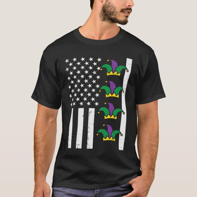 Camiseta Mardi Gras US Flag Fleur De Lis Patriotic Men Wemé (Frente)