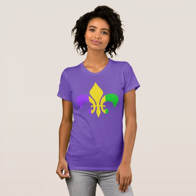 Camiseta Mardi Gras Verde Amarelo Púrpura Fleur-de-Lis (Frente Completa)