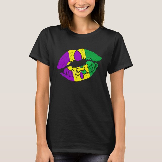 Camiseta Mardi Gras  Women Purple Green Yellow Lips Fleur D (Frente)