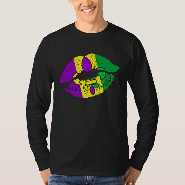 Camiseta Mardi Gras  Women Purple Green Yellow Lips Fleur D (Frente)