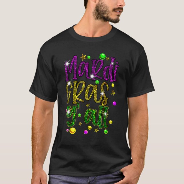 Camiseta Mardi Gras Y'all Galveston Fun Cute Beads and Mask (Frente)