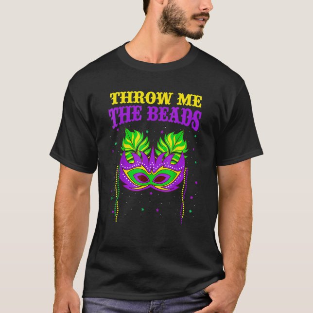 Camiseta Mardi Grass Throw Me The Beads Beads Funny Mask (Frente)